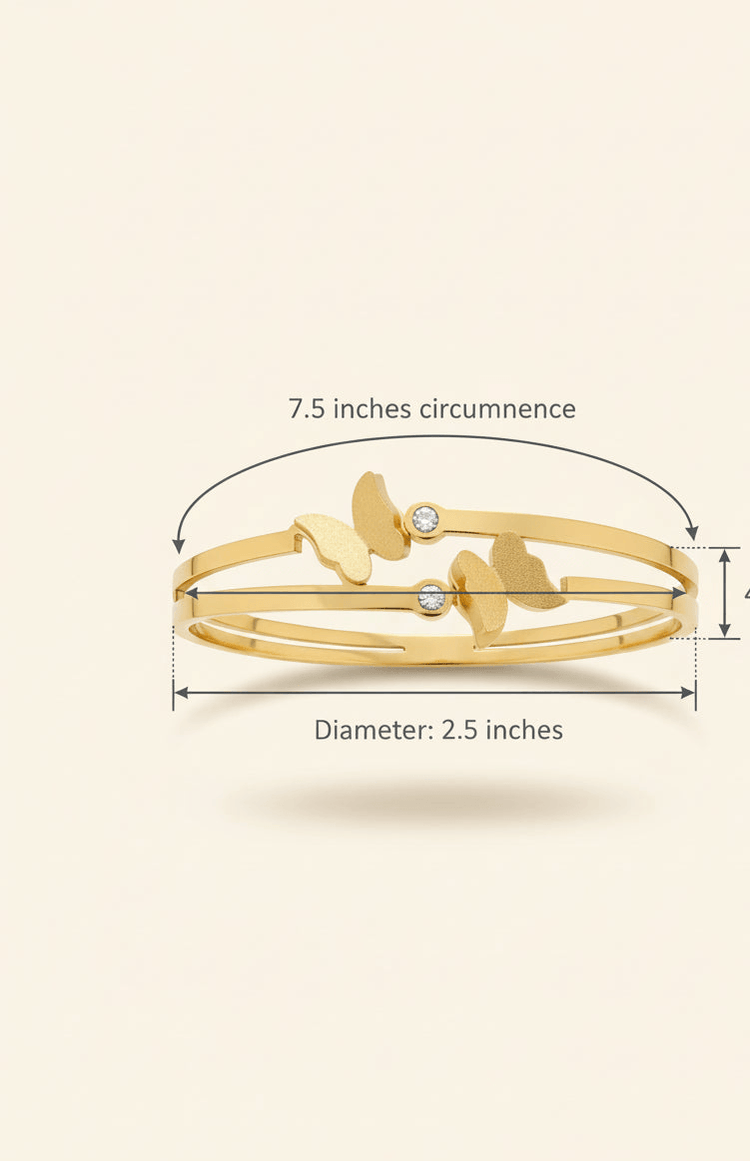 Gold bracelet with measurements on a beige background