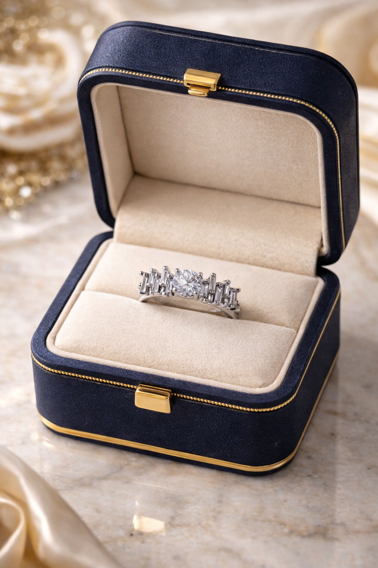 Diamond ring in a navy blue jewelry box on a marble surface