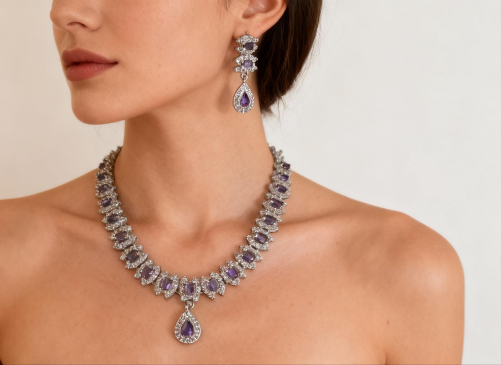 Royal Amethyst Teardrop Necklace & Earrings | Luxury Jewellery Set