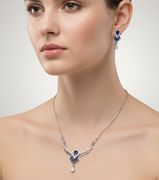 Silver Plated Blue Crystal Necklace and Earrings Set - Elegant Women’s Jewellery