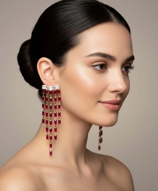 Crystal Cascade Drop Earrings - Silver & Ruby Red