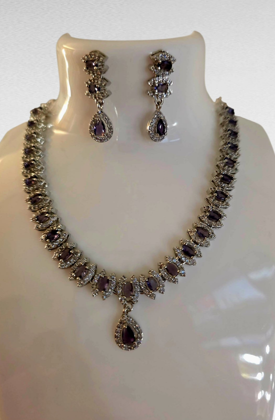 Purple Crystal Necklace & Earrings Set   Silver Plated Statement Jewellery