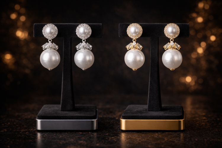 Pair of pearl earrings on black and gold stands against a blurred background