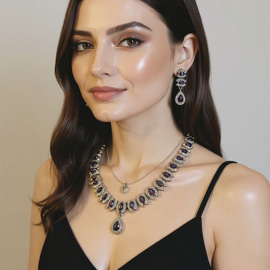 Purple Crystal Necklace & Earrings Set   Silver Plated Statement Jewellery