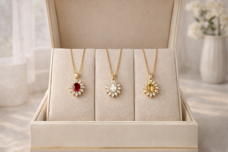 Three gold necklaces with gemstones on a beige display box.