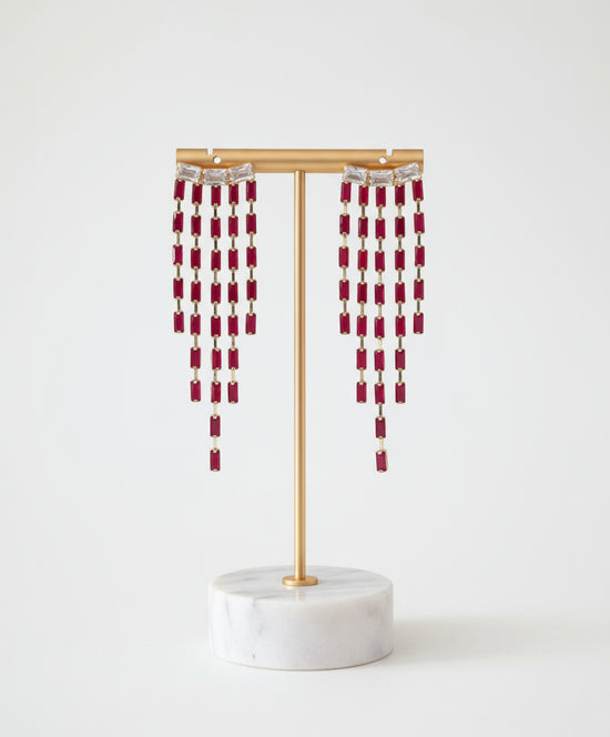 Crystal Cascade Drop Earrings - Silver & Ruby Red