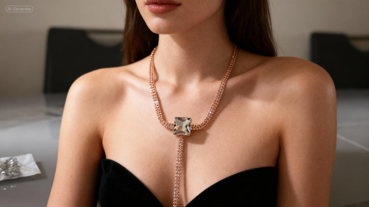 Woman wearing a rose gold necklace with a large gemstone in an indoor setting