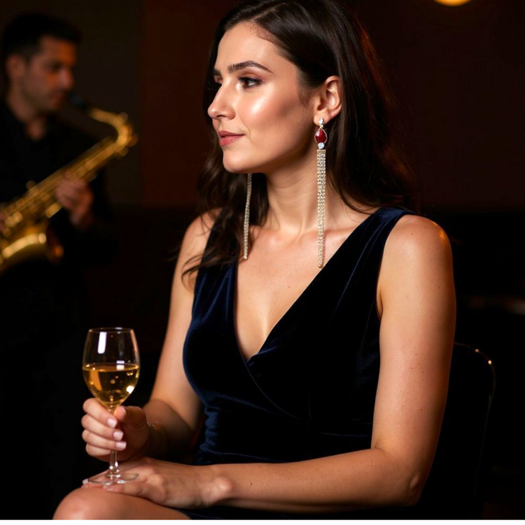 Woman in a dark blue dress holding a glass of white wine with a blurred background