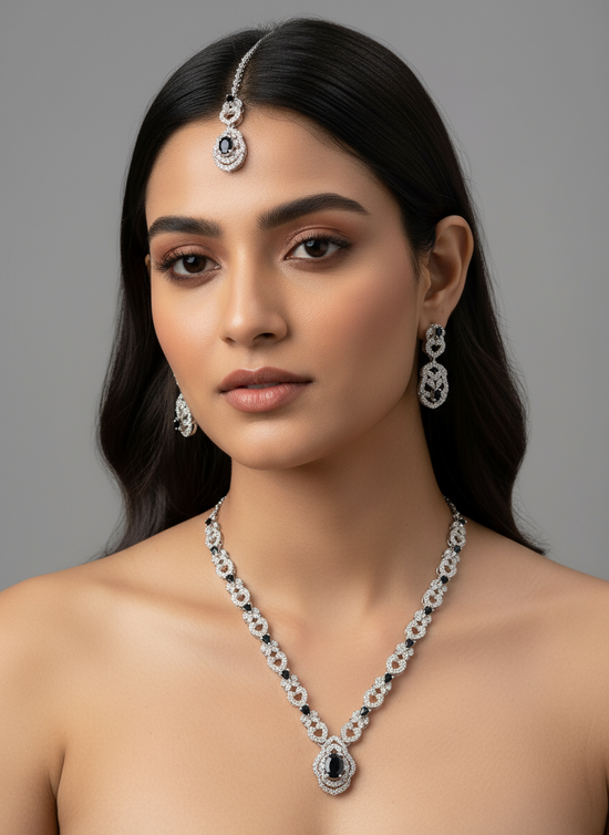 Crystal Luxe Bridal Necklace & Earrings Set - Silver, Black, Pink Variants