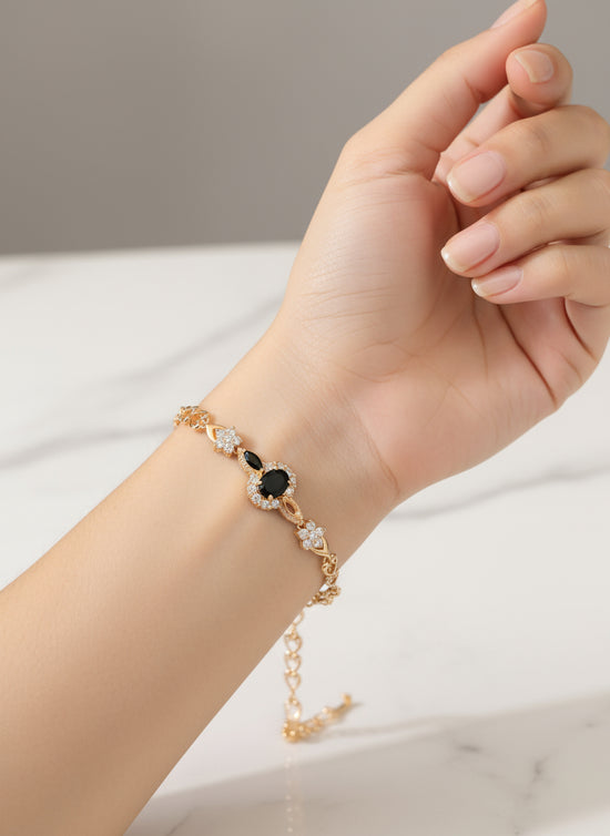 Gold Heart-Link Black Stone Bracelet