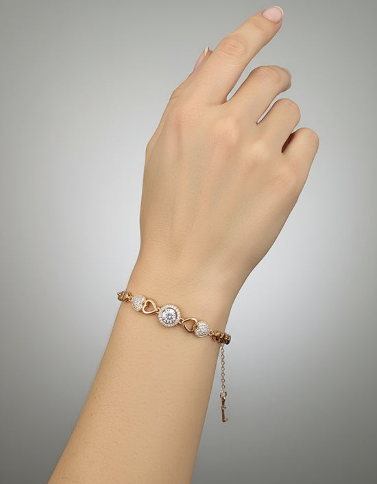 Gold Heart Link Bracelet with Cubic Zirconia Accents
