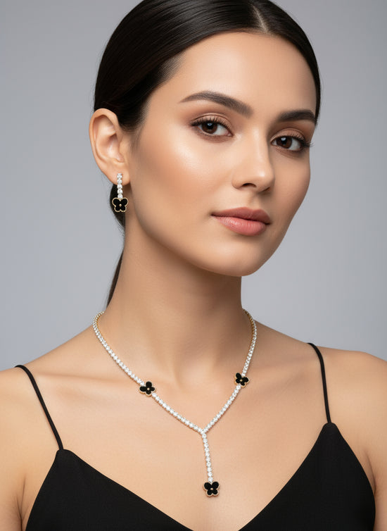 Four-Leaf Clover Inlay Necklace & Earring Set - Black, White & Red Variants