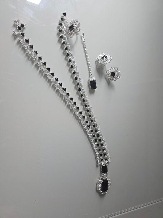 Black Onyx Luxury Jewellery Set - Necklace, Bracelet, Ring & Pendant | Silver Plated Crystal Detailing