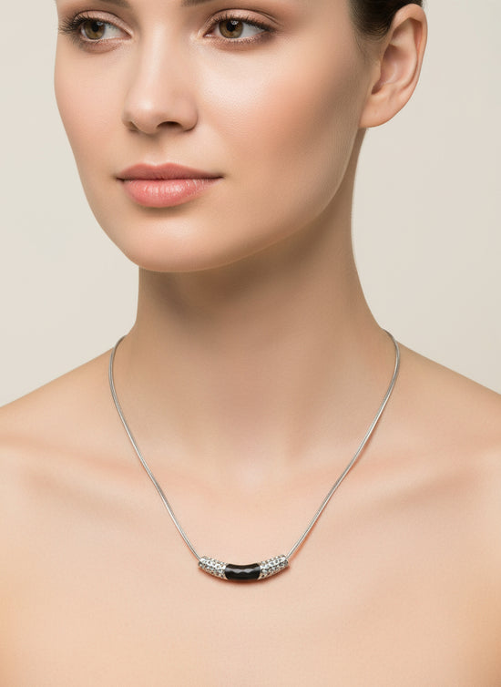 Black Stone Bar Necklace – Silver & Gold