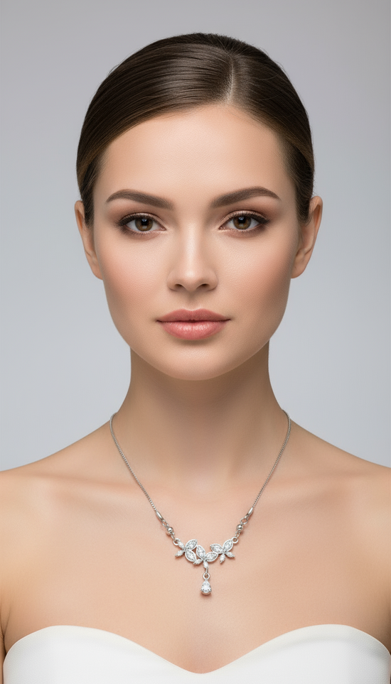 Luxe Crystal Blossom Necklace - Sterling Silver Leaf Design with Teardrop Pendant