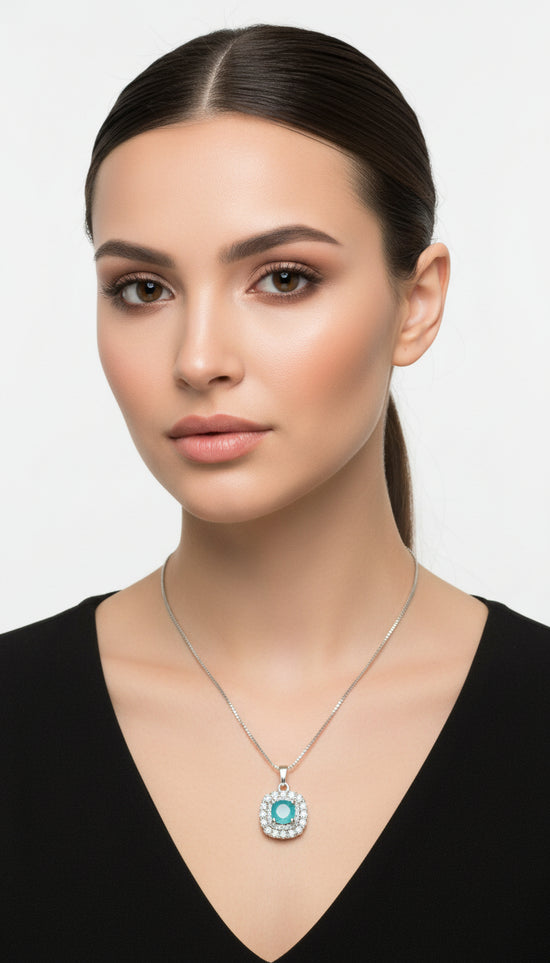 Elegant Silver Necklace with Turquoise Stone Pendant  Dainty Crystal Halo Design