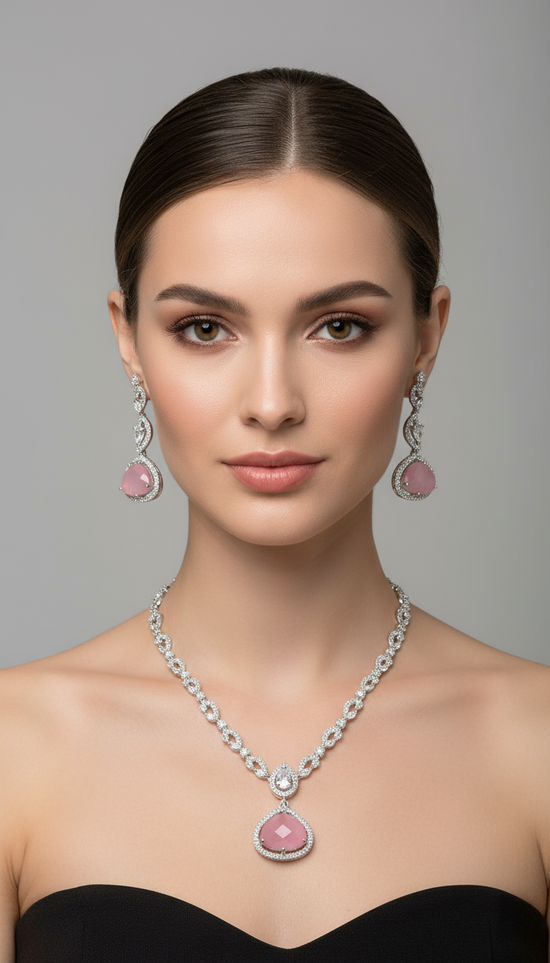 Elegant Crystal Teardrop Necklace & Earrings Set  - Royal Blue & Blush Pink Variants
