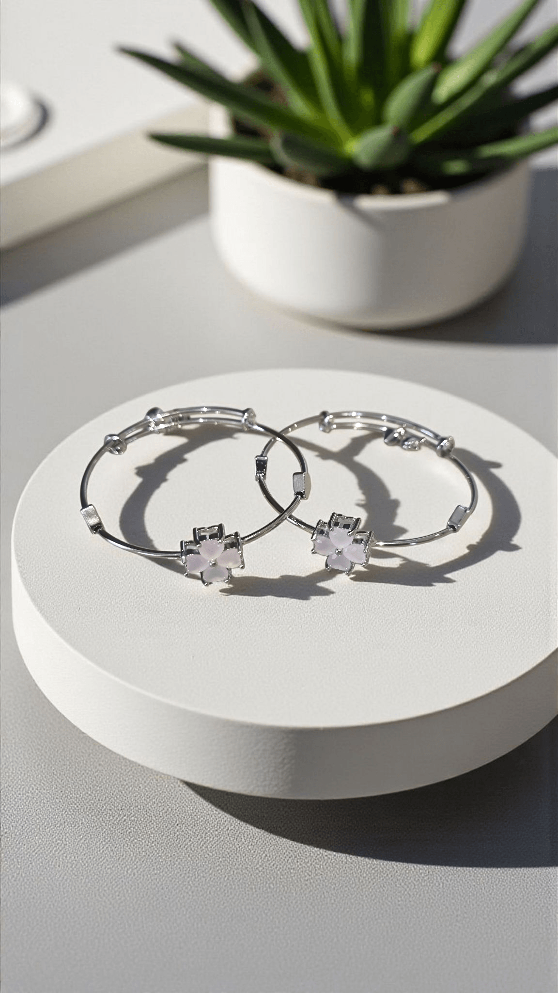 Silver hoop earrings with star-shaped stones on a white surface, with a potted plant in the background.