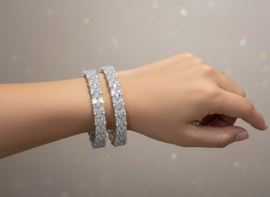 Single Silver Crystal Bangle - Glamorous Wide Design