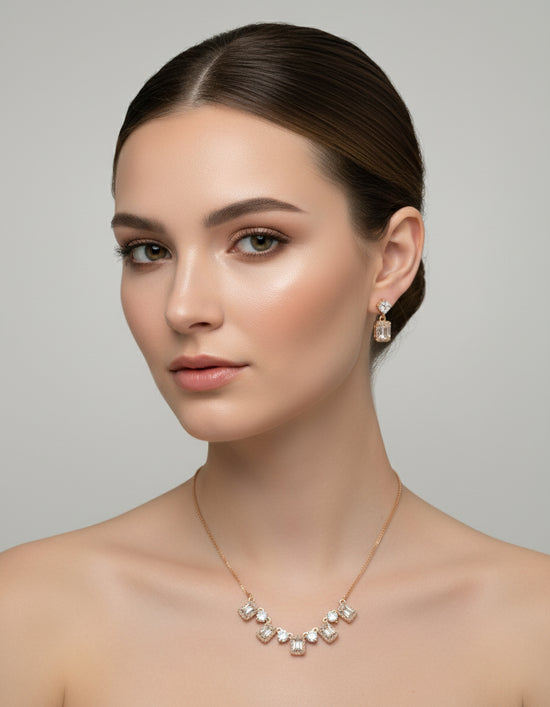 Champagne Gold Crystal Necklace & Earring Set  Elegant Women’s