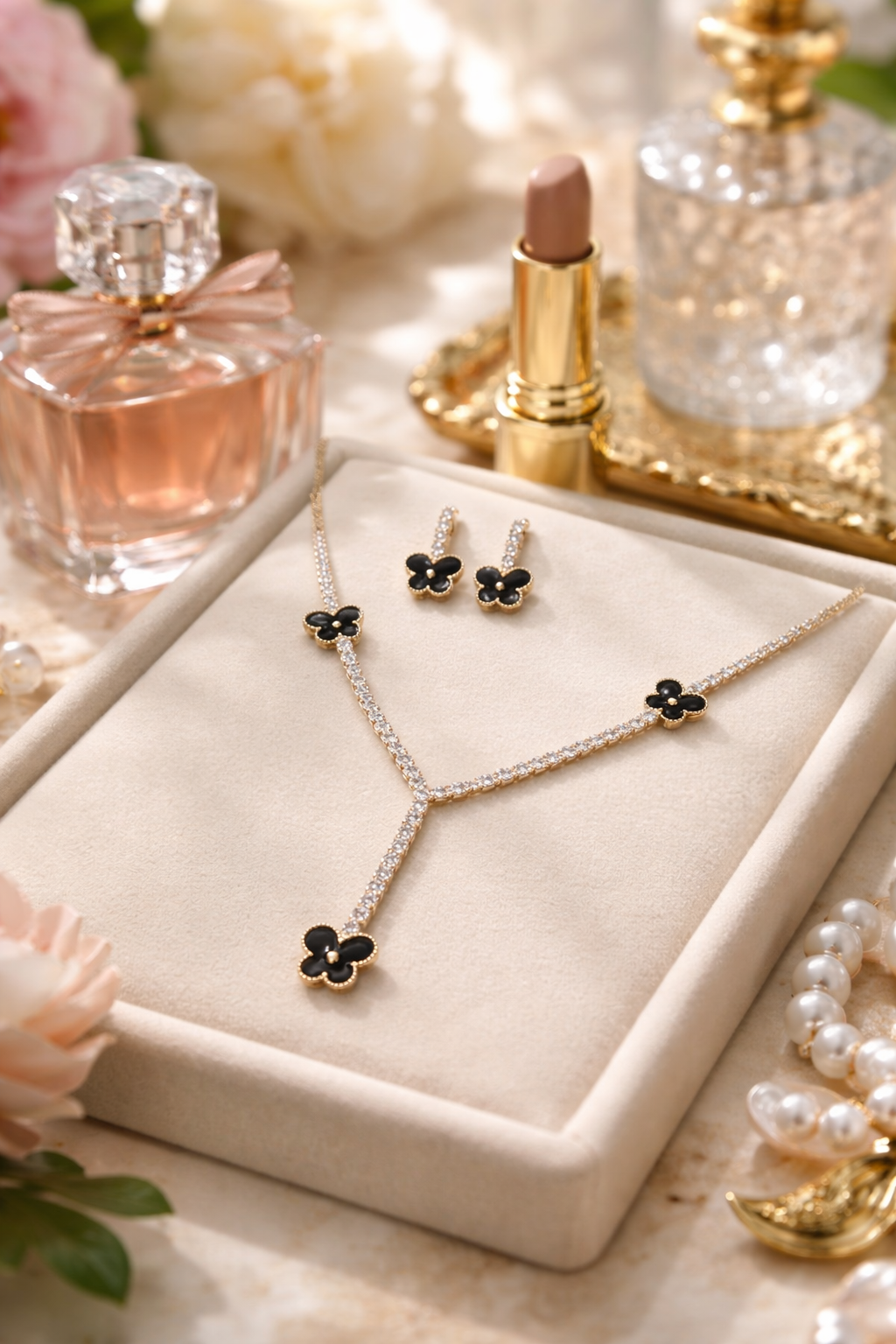 Jewelry set with necklace and earrings on a decorative surface with perfume bottles and lipstick.