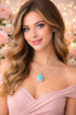 Woman wearing a necklace with a turquoise pendant against a floral background