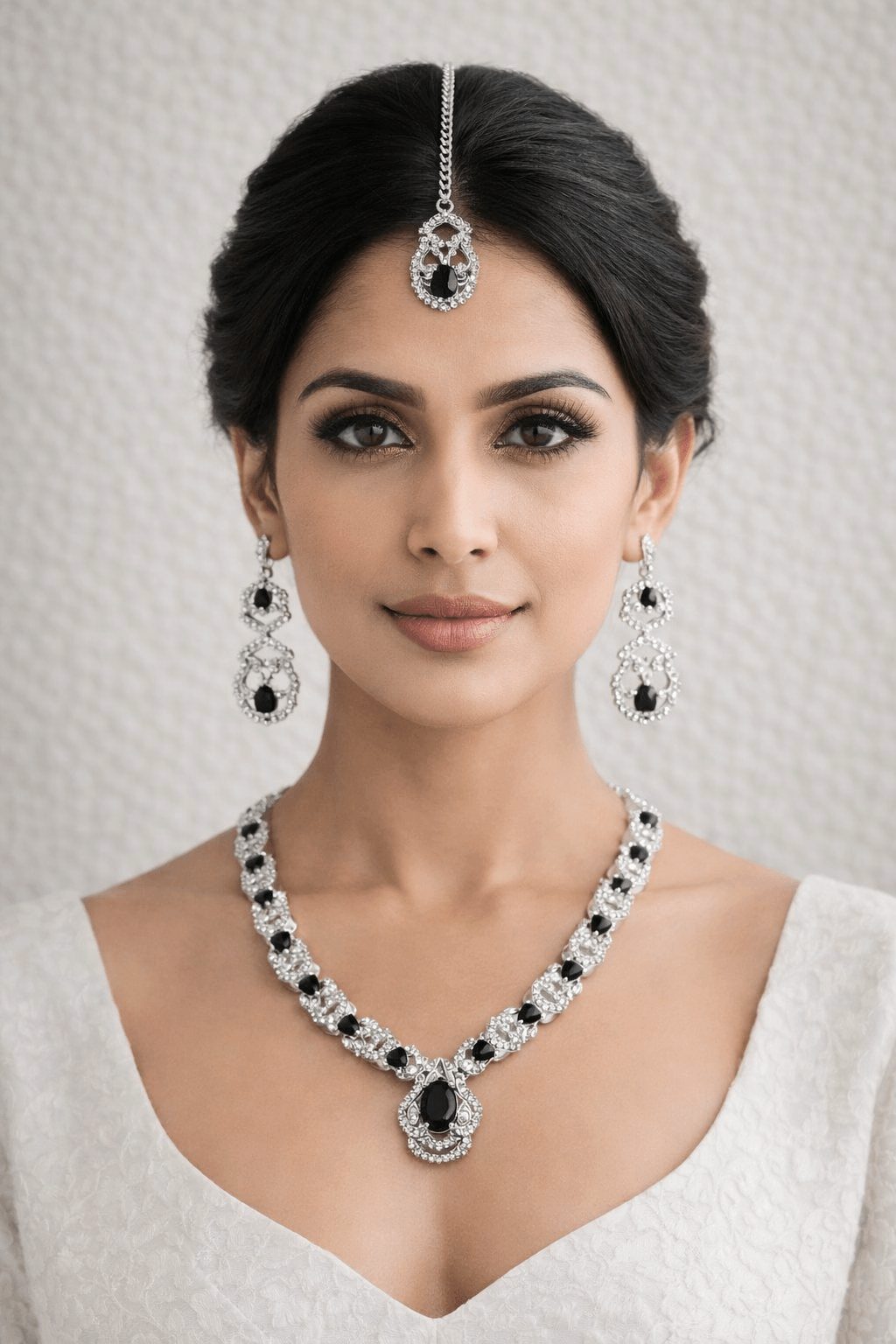 Woman wearing a black and white jewelry set with a neutral background
