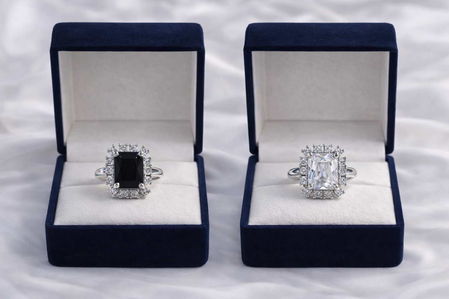 Two diamond rings in open blue velvet boxes on a white fabric background