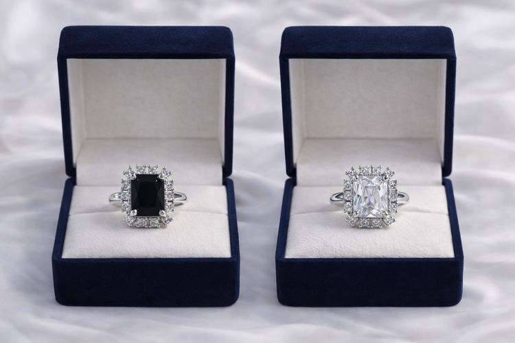 Two diamond rings in open blue velvet boxes on a white fabric background