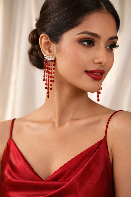 Occasion Wear Crystal Cascade Earrings For Womens -  Silver & Ruby