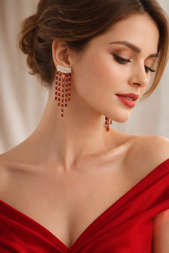 Occasion Wear Crystal Cascade Earrings For Womens -  Silver & Ruby