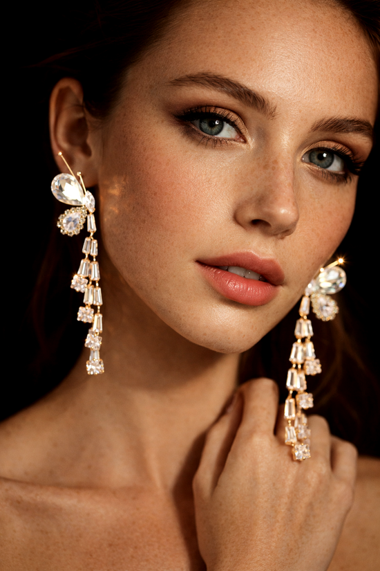 Celestia Radiant Crystal Drop Earrings in Gold Plated Finish