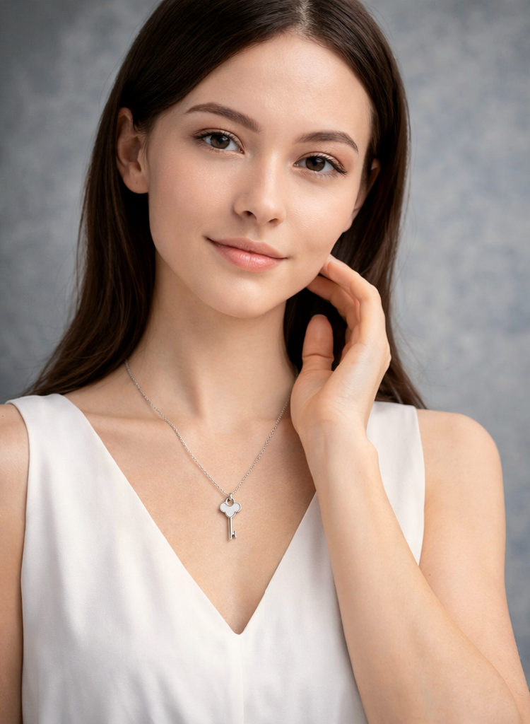 Woman wearing a necklace with a heart pendant against a gray background