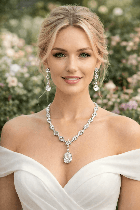 Woman wearing a diamond necklace and earrings with a blurred floral background