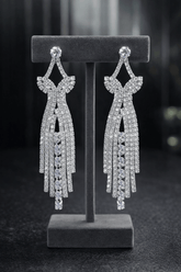 Pair of silver earrings on a gray stand against a dark background