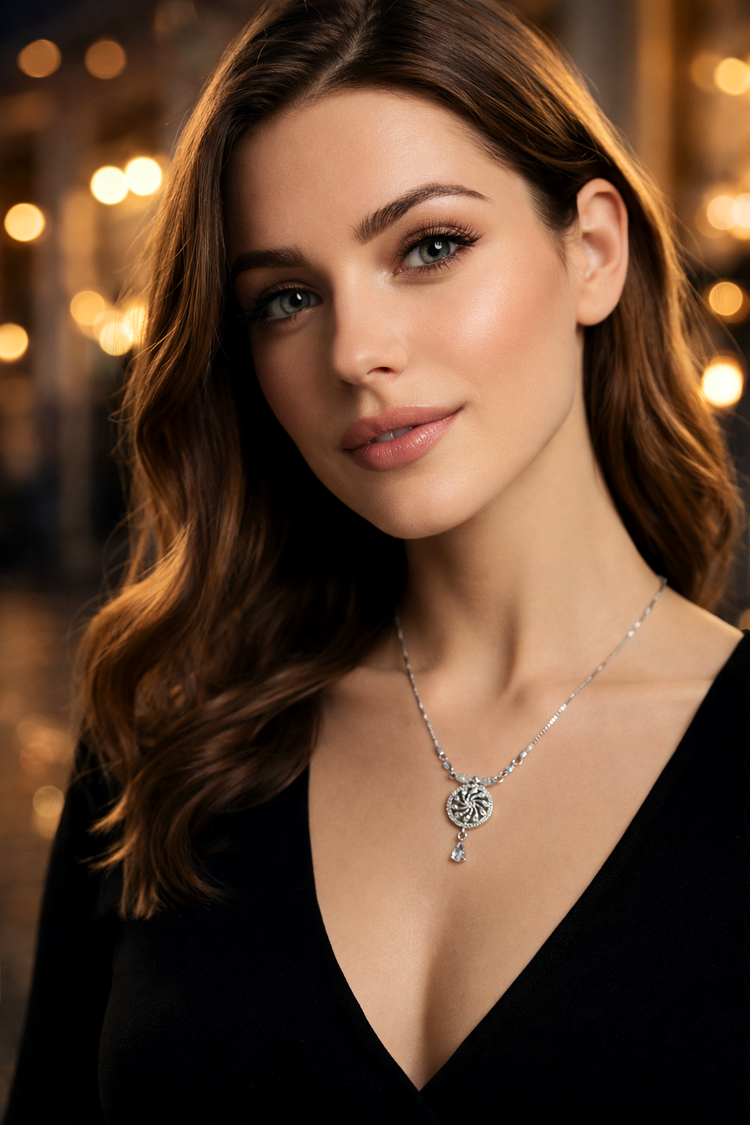 Woman wearing a necklace with a blurred background