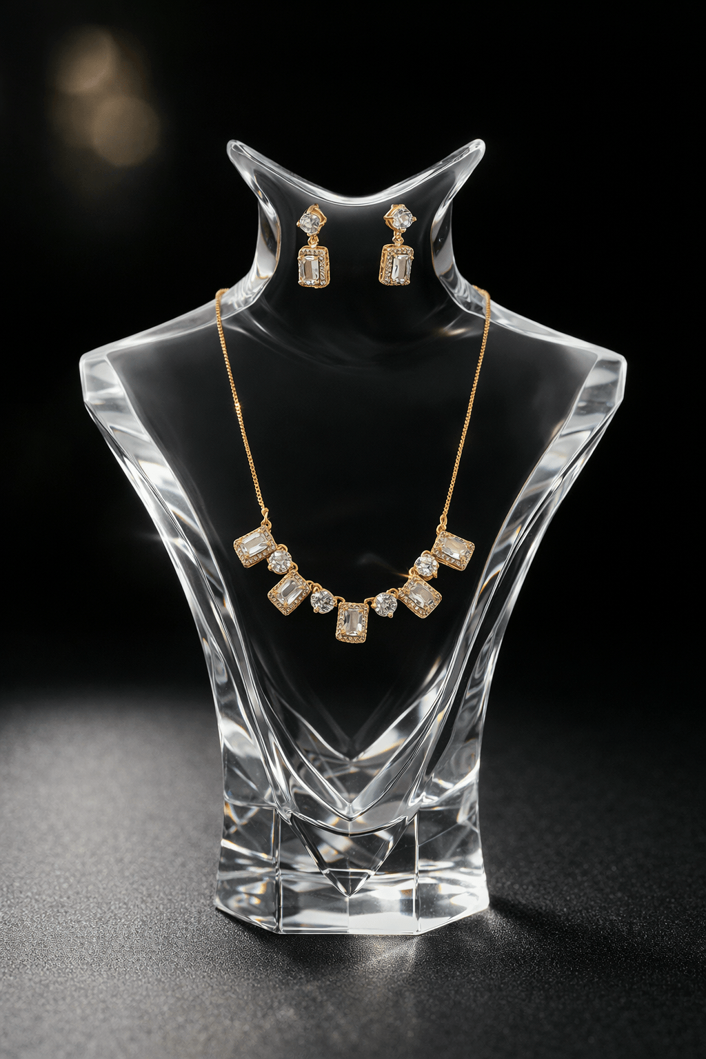Jewelry set with necklace and earrings on a clear crystal stand against a black background