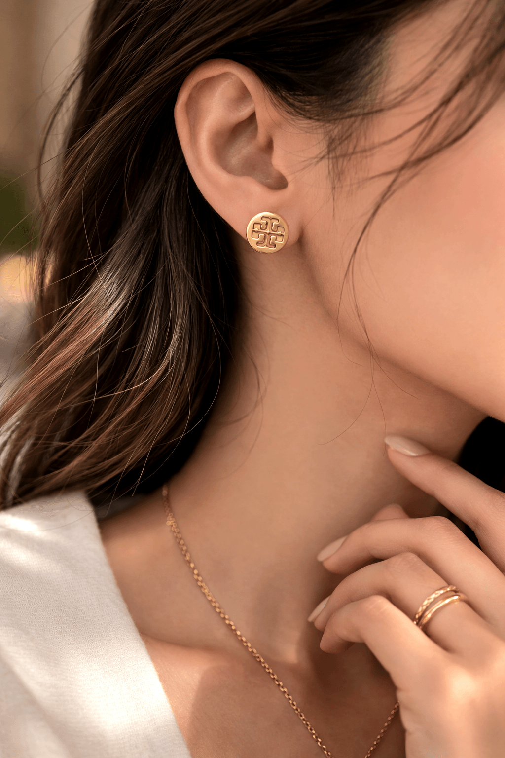 Gold symbol stud earrings for women, minimal and elegant jewelry