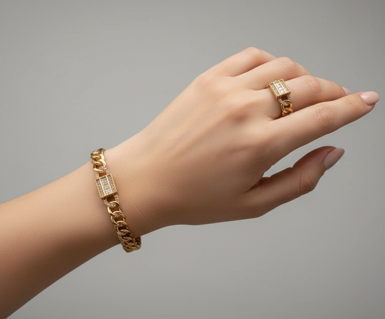 Gold Cuban Chain Cuff & Ring Set - Crystal Accent Design