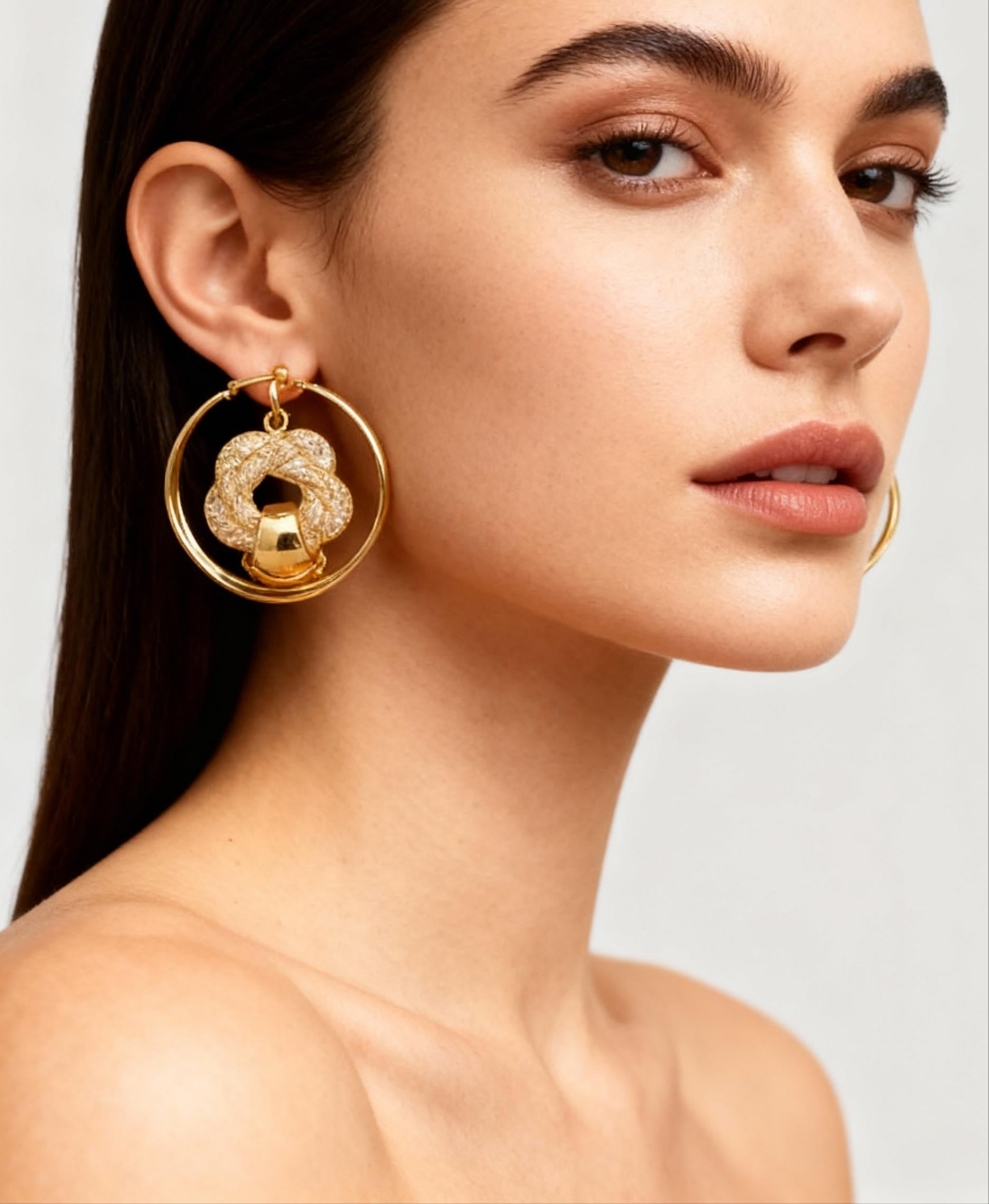 Close-up of a woman wearing gold hoop earrings with a floral design.
