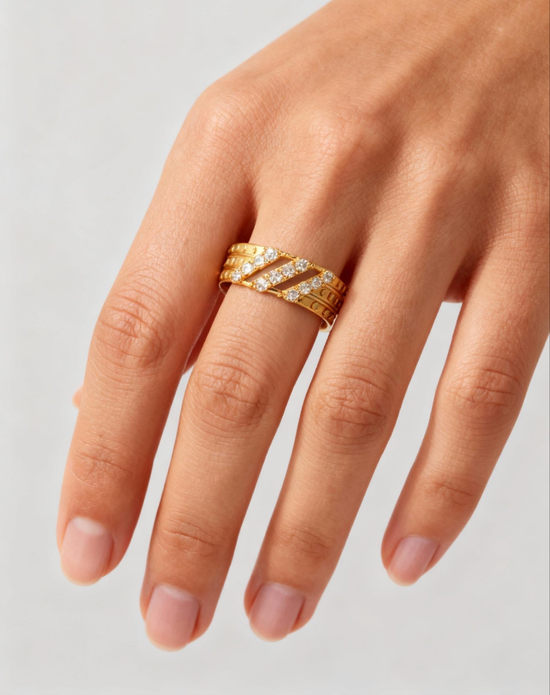 Gold Plated Crystal Band Ring  Elegant Zirconia Statement Ring for Women
