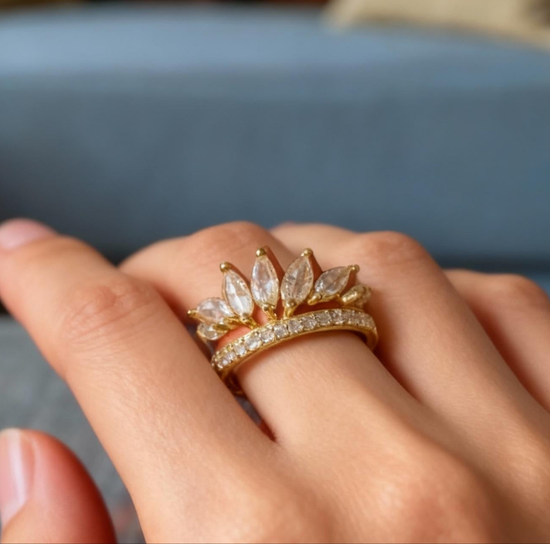 Gold Plated Crown  ring design with Zircon Stones  Luxury  Women