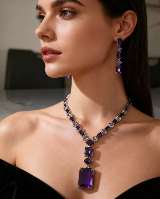 Radiant Gemstone Necklace & Earrings Set - Silver Finish (4 Colours)