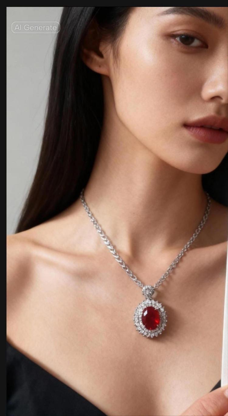 Close-up of a woman wearing a necklace with a red gemstone pendant against a neutral background