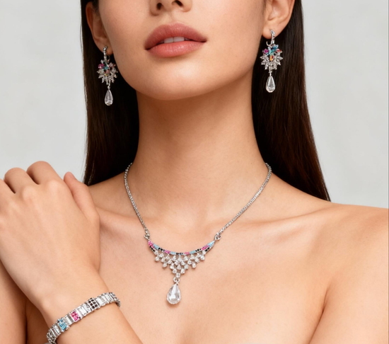 Peacock Crystal Necklace, Earrings & Bracelet Set - Multicolour | Black | Pink