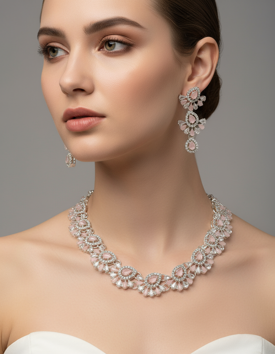 Elegant Pink Stone Necklace & Earring Set  Luxury Crystal Jewellery for Women