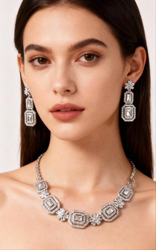 Blossom Sparkle Necklace & Earrings Set - Silver Finish (2 Colours