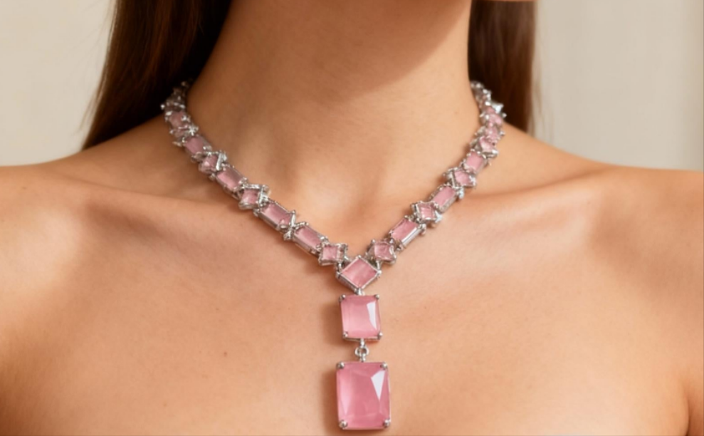 Pink gemstone necklace on a model against a neutral background