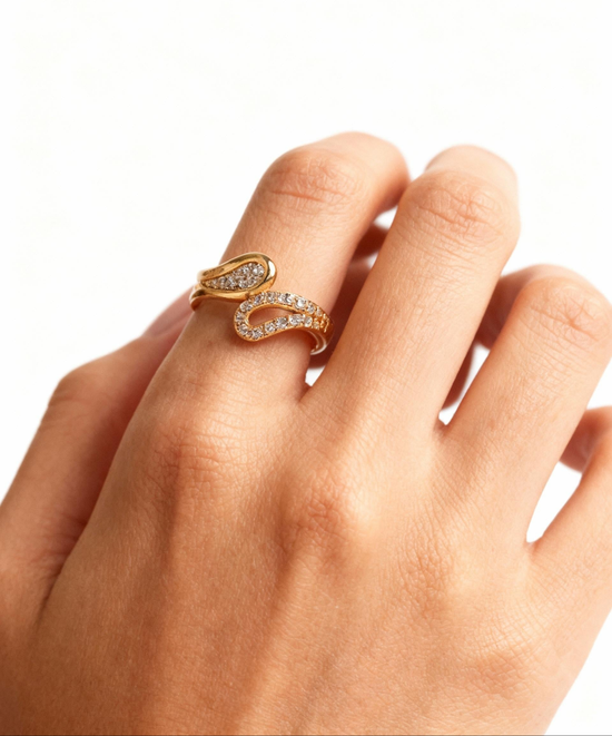 Gold Plated Wave Design Ring with Zircon Stones  Elegant Women’s Fashion Ring