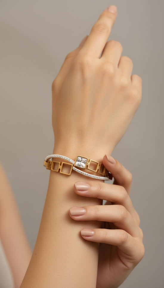 Elegant Golden & White Geometric Bangle - Dual Tone Designer Bracelet for Women